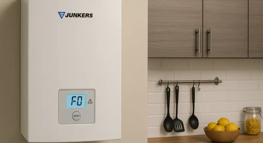 Caldera Junkers con display F0, indicando la necesidad de bajar presión caldera Junkers. Cocina moderna al fondo.