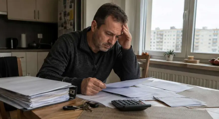 Zmartwiony mężczyzna analizuje dokumenty, szukając odpowiedzi, jak zachować mieszkanie przy upadłości. Na stole leżą klucze i kalkulator.