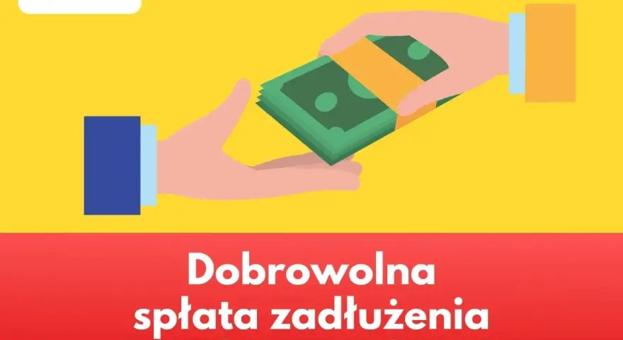 Dwie dłonie przekazują sobie plik banknotów. Napis głosi: Dobrowolna spłata zadłużenia u komornika.