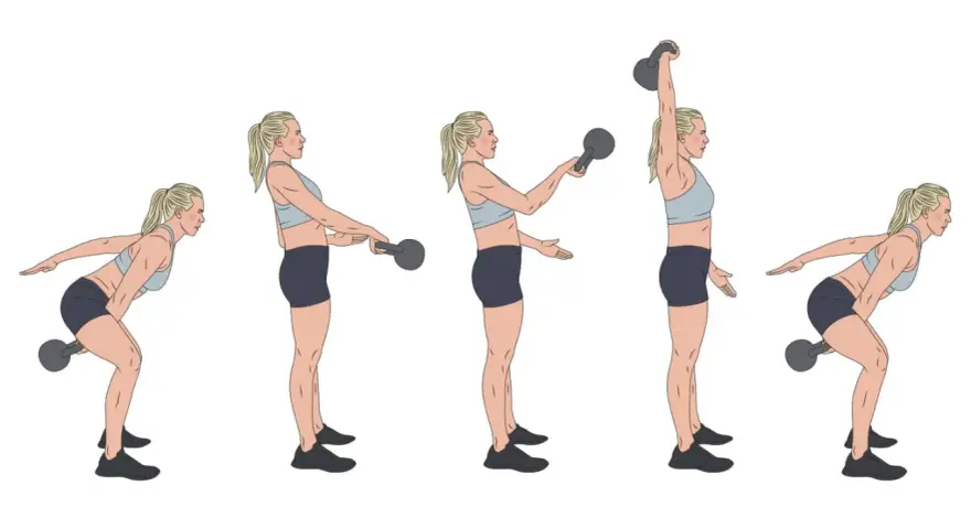 Kvinnan utför en kb snatch. Hon böjer sig ner, svingar vikten uppåt och avslutar med den över huvudet.