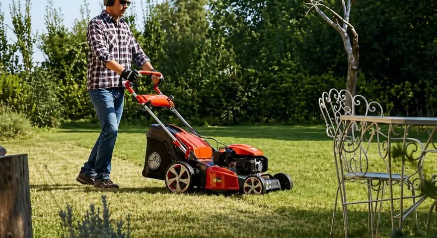 Mężczyzna kosi trawę bez kosza, co daje naturalne nawożenie. W tle ogród i stolik z krzesłami.