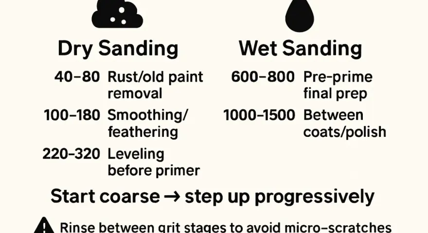 Guide to dry and wet sandpaper for car paint, showing grit ranges for rust removal, smoothing, and final prep. Start coarse, step up.