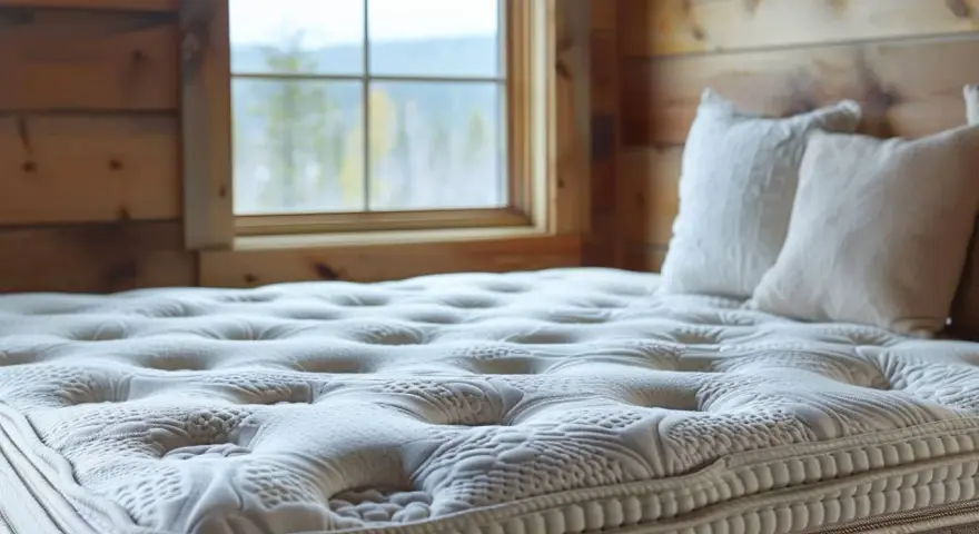 Garnissage matelas confortable avec motif capitonné, prêt pour une nuit paisible dans un chalet en bois, avec vue sur la nature par la fenêtre.