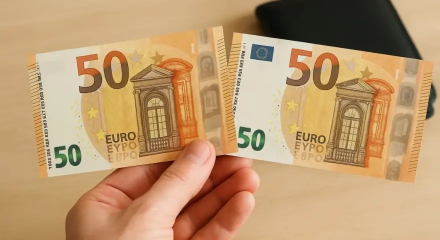 Un billet de 50 euros 2002, coupé en deux, est tenu dans une main. Un portefeuille noir est visible en arrière-plan.