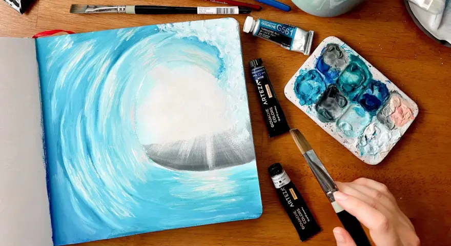 Peinture d'une vague en gouache, montrant la richesse de cette technique. La gouache, c'est quoi ? C'est une peinture opaque et mate.