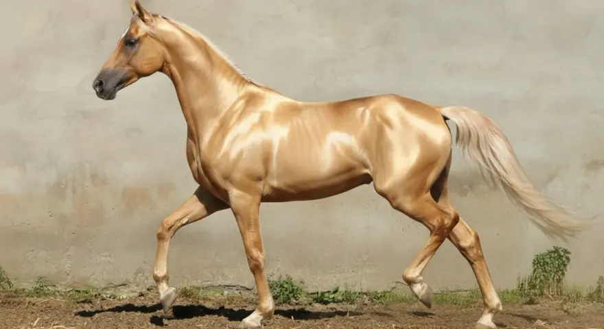 Cheval Akhal-Teke doré, silhouette élancée, crinière et queue claires, se déplaçant avec grâce devant un mur de pierre.