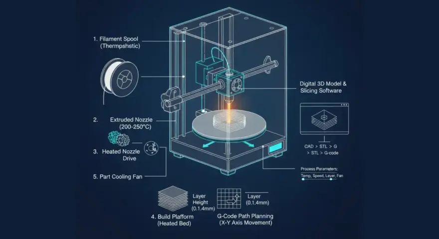 Diagram illustrating how a fdm printer works, showing filament spool, heated nozzle, build platform, and software.