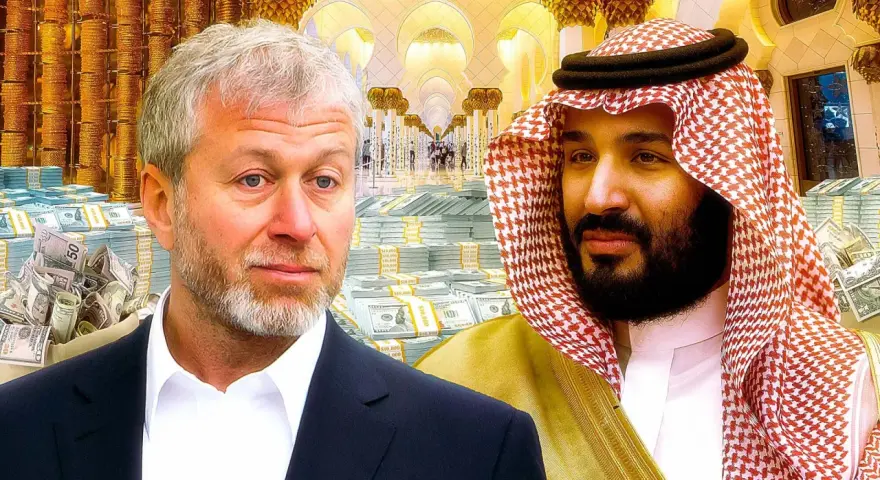 Oligarch Roman Abramovich und ein saudischer Prinz vor Bergen von Geld und Gold.
