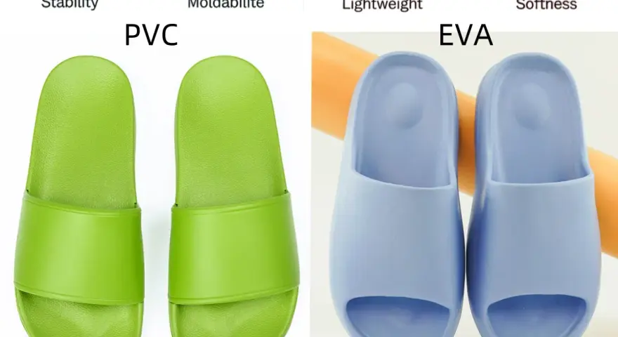Chanclas verdes de PVC y chanclas azules de **eva material**, ligeras y suaves.