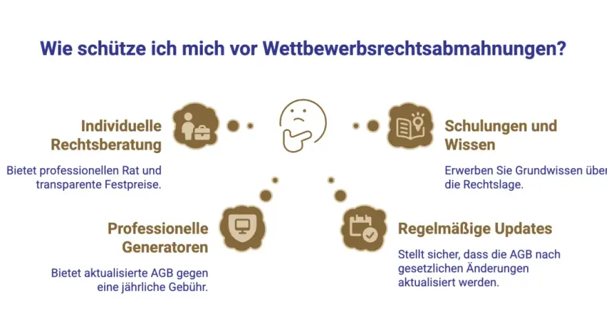 Grafik zeigt Wege, sich vor einer Abmahnung zu schützen: Rechtsberatung, Schulungen, Generatoren und Updates.