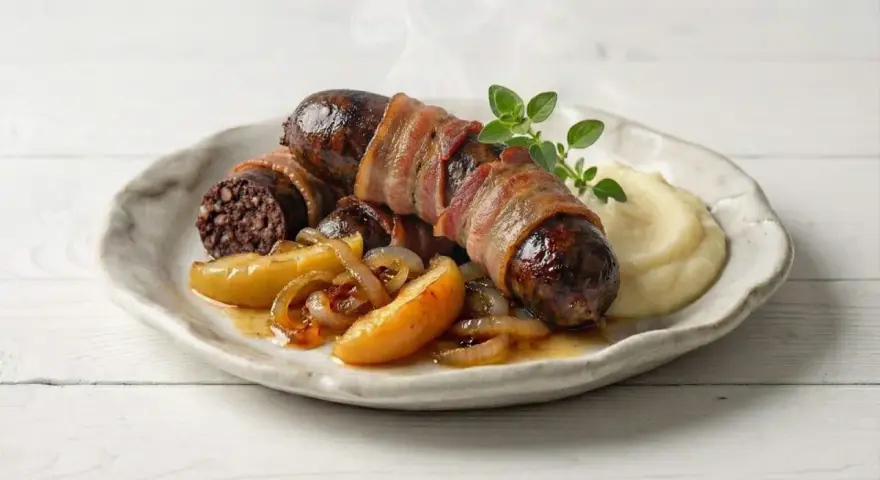 Pyszna kaszanka z piekarnika, owinięta boczkiem, podana z jabłkami i puree.