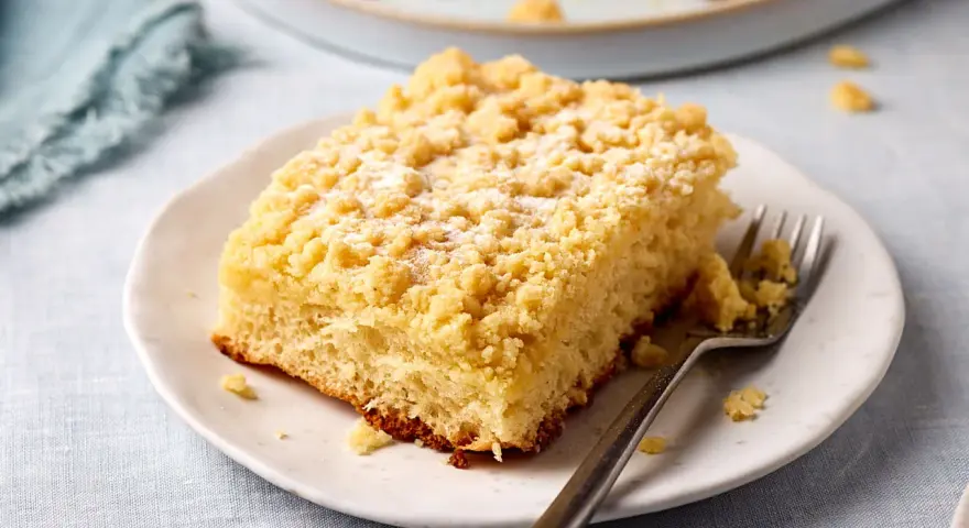 Ein Stück saftiger Streuselkuchen vom Blech, bestäubt mit Puderzucker, liegt auf einem Teller. Eine Gabel wartet darauf.