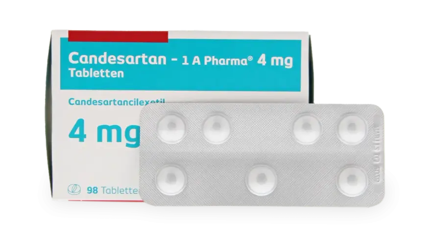 Opakowanie leku Candesartan 4 mg, zawierające 98 tabletek w blistrze. Stosowany w leczeniu nadciśnienia.