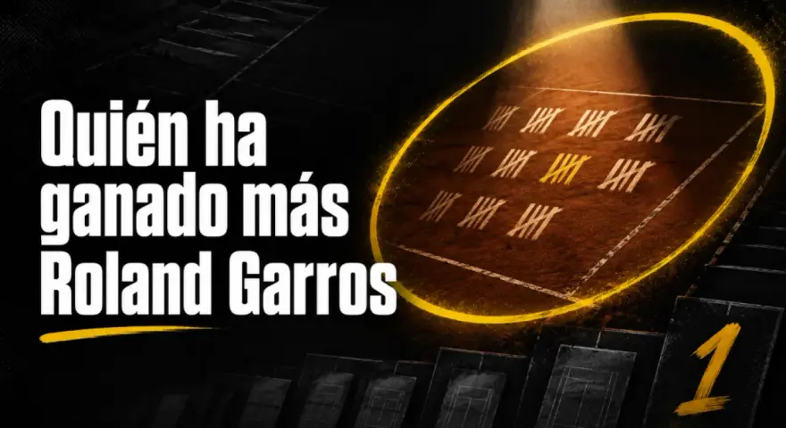 ¿Quién ha ganado más Roland Garros? La imagen muestra una cancha de tierra batida con marcas de victorias y un gran número "1", sugiriendo un campeón legendario.