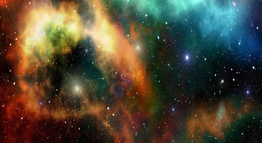 Nebulosa cosmica con sfumature arancioni, verdi e blu. Un universo di stelle che ispira la ricerca e gli sbocchi lavorativi in astrofisica.