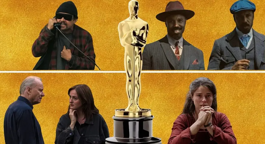 Gwiazdy filmowe w oczekiwaniu na Oscary 2026. Złoty Oscar pośrodku, a wokół niego aktorzy z różnych produkcji.