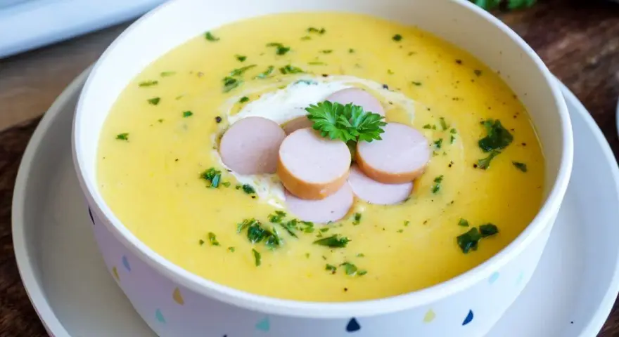 Cremige Kartoffelsuppe, zubereitet im Thermomix, garniert mit Würstchenscheiben, einem Klecks Sahne und Petersilie.