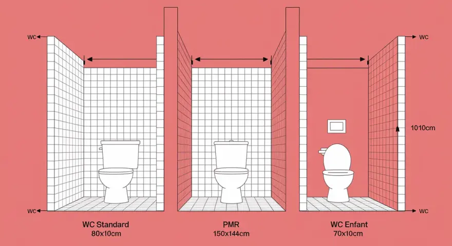 Comparaison des dimensions des cabines WC : standard, PMR et enfant. La hauteur cuvette wc est implicitement représentée par les différentes tailles de cabines.