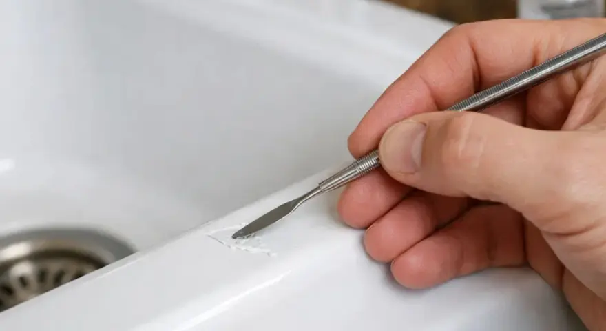 Main d'une personne utilisant un outil pour réparer une rayure sur un lavabo blanc.