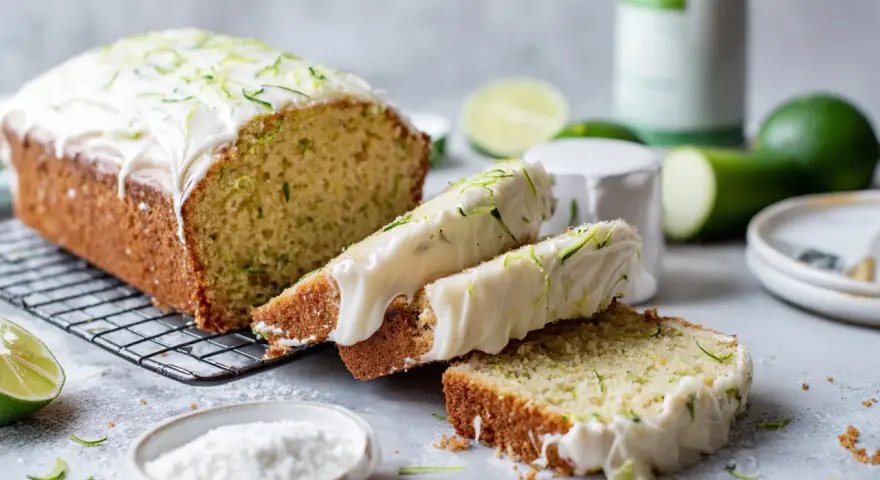 Delicioso pastel de calabacín con glaseado blanco y ralladura verde, acompañado de limas frescas.