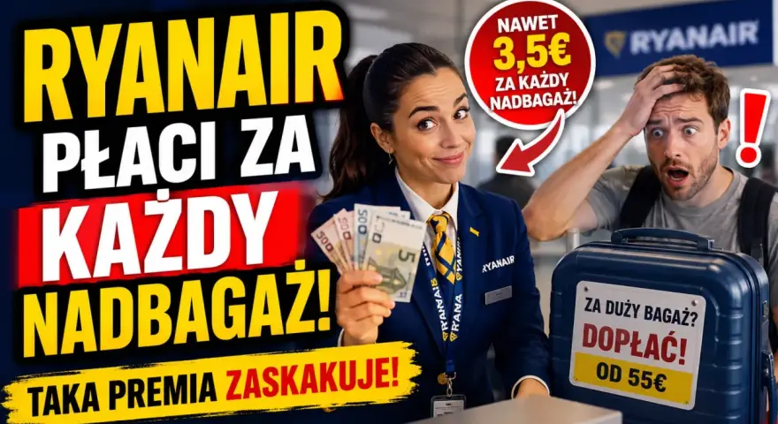 Pracownica Ryanair pokazuje pieniądze, sugerując, ile kosztuje nadbagaż w Ryanair. Klient jest zaskoczony.