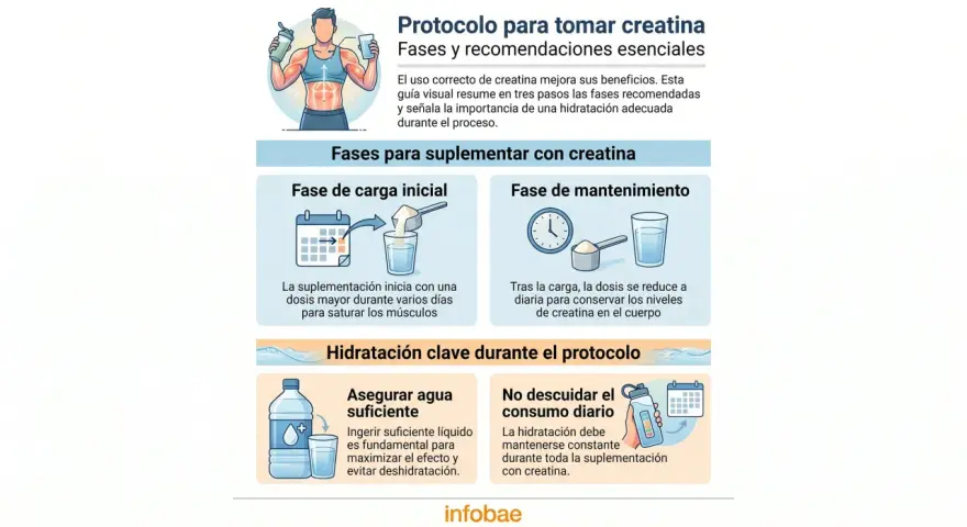 Guía visual sobre cuándo tomar creatina: fases de carga y mantenimiento, y la importancia de la hidratación.