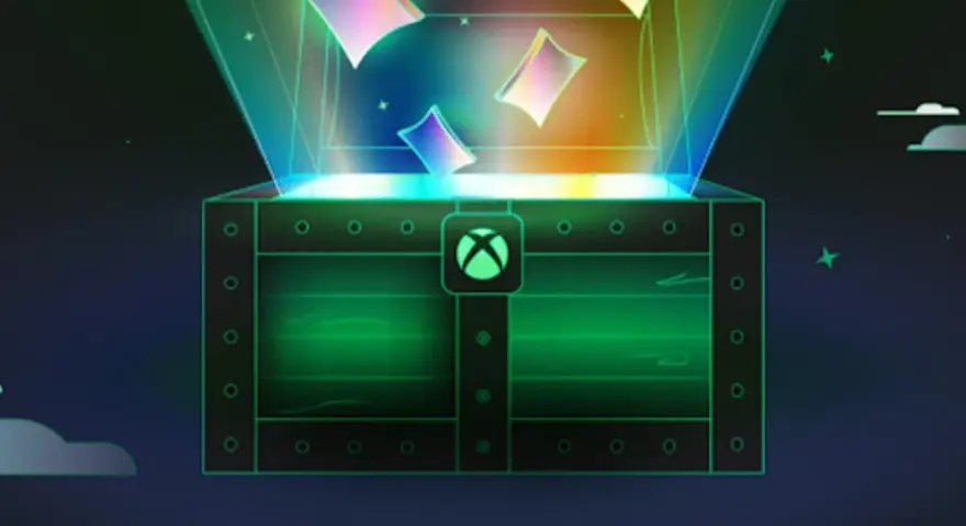 Otwarta skrzynia z logo Xbox, z której wydobywa się zielone światło i kolorowe karty. To jak skarb dla całej rodziny, idealny **game pass family**.