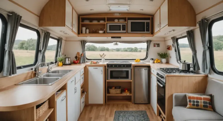 Cuisine de caravane rénovée : plans de travail en bois, évier double, plaques de cuisson, four, réfrigérateur et rangements. Idées pour comment refaire l'intérieur d'une caravane.