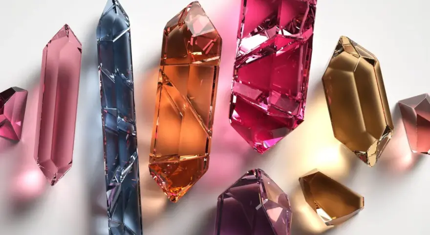 Cristales facetados de diversos tipos de cuarzo: rosa, azul, naranja, fucsia, dorado y amatista, brillan sobre fondo blanco.