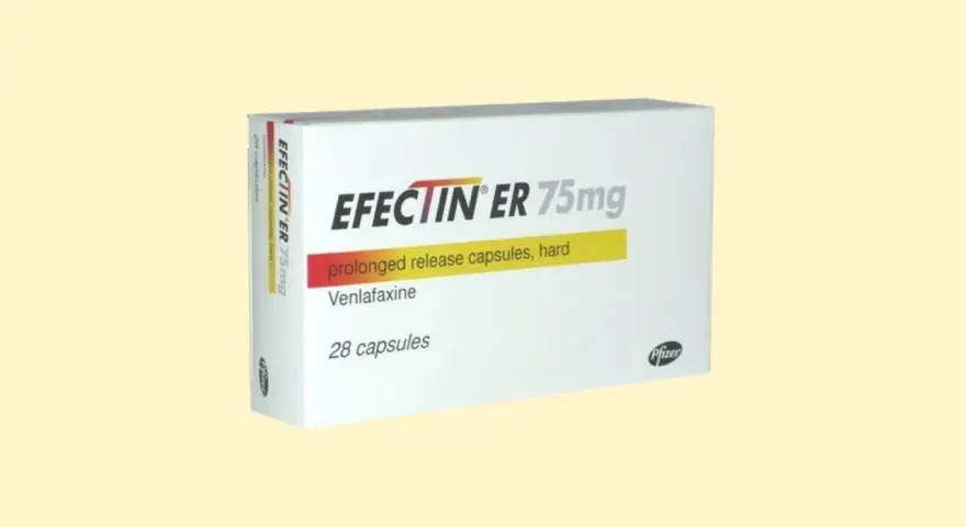 Opakowanie leku Efectin ER 75mg, zawierające 28 kapsułek o przedłużonym uwalnianiu z wenlafaksyną.
