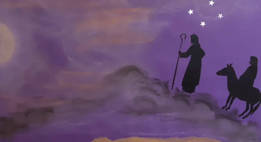 Silhouettes of a shepherd and a rider on a donkey journey under a starry sky, evoking the second Sunday of Advent prayer.