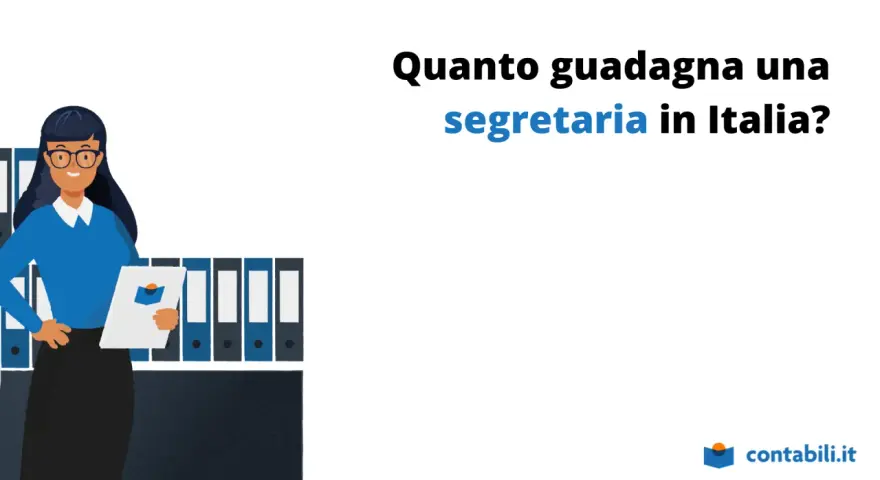 Una segretaria con occhiali e camicetta blu, con cartelline alle spalle, si chiede quanto guadagna lavorare nelle scuole come segretaria.