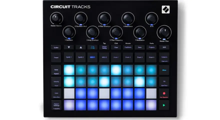 Novation Circuit Tracks – czarny kontroler MIDI z podświetlanymi padami, idealny do tworzenia muzyki elektronicznej.
