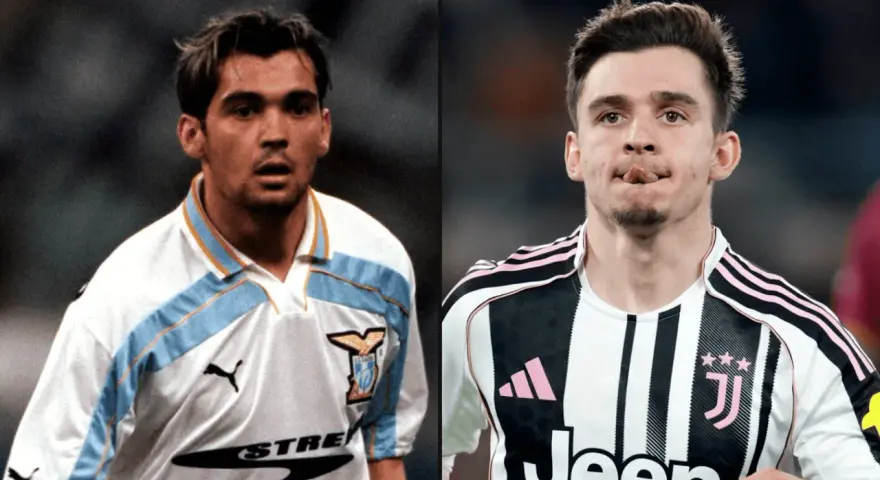 Dwóch piłkarzy: młody Sérgio Conceição w koszulce Lazio i Vlahović w stroju Juventusu.