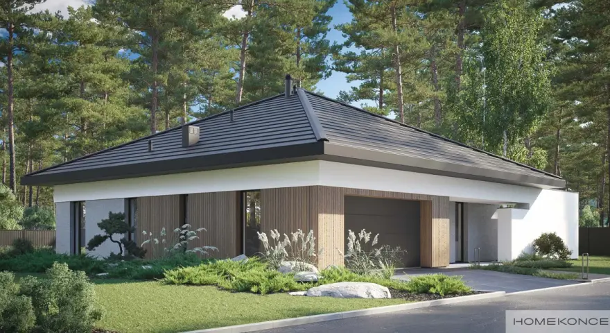 Nowoczesny dom z garażem, otoczony sosnami. Projekt homekoncept 97 g2 to marzenie o spokoju i komforcie.