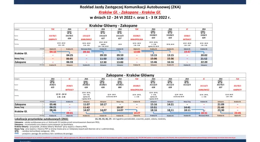 Rozkład jazdy ZKA Kraków - Zakopane. Odjazdy z dworca głównego w Krakowie do Zakopanego i Nowego Targu.