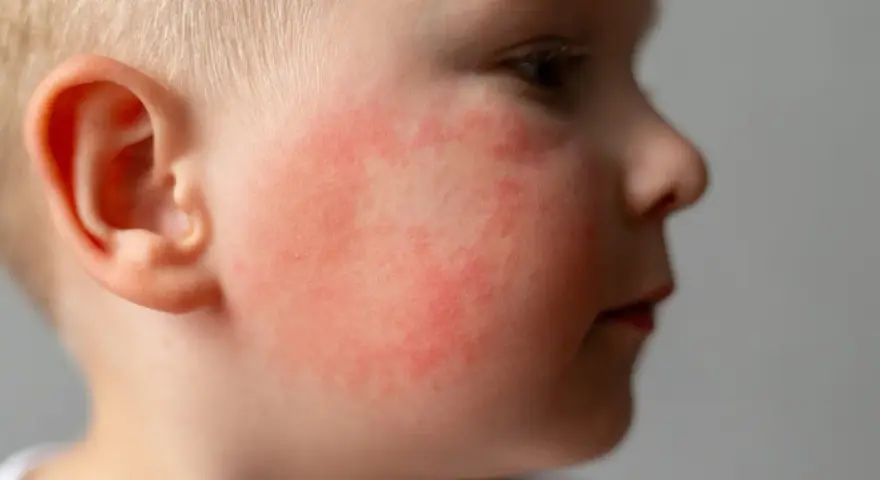 Czerwone policzki u dziecka, widoczny rumień.