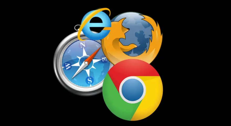 Ikony przeglądarek Chrome, Firefox i Internet Explorer na tle kompasu.