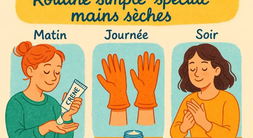 Routine simple pour les mains sèches : matin, journée avec gants et soir.