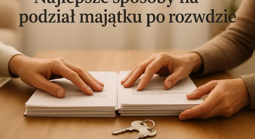 Dwie pary rąk nad stertami dokumentów i kluczykami. Temat: podział majątku po rozwodzie.