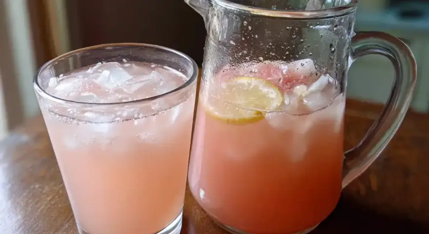 Ett glas och en karaff fyllda med rosa rabarbersaft med is och citronskivor. Perfekt för ett rabarbersaft recept.