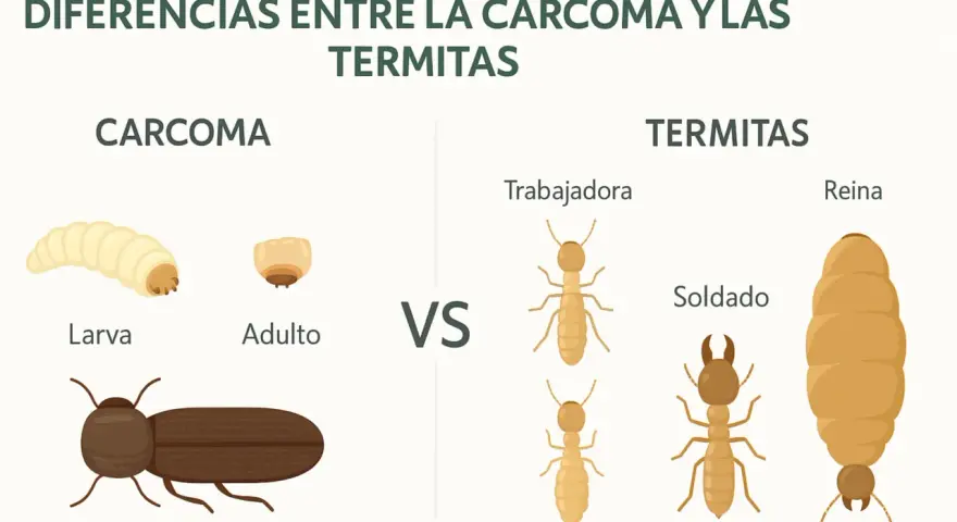 Ilustración compara la carcoma (larva, adulto) con las termitas (trabajadora, soldado, reina).