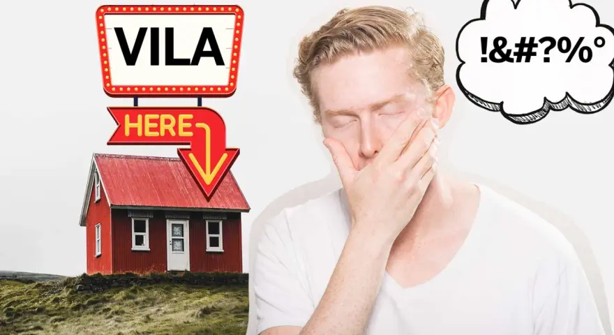 En man med ögonen stängda och handen för munnen, bredvid ett rött hus med en skylt som säger "VILA HERE". Kanske kan man bli yr av stress.