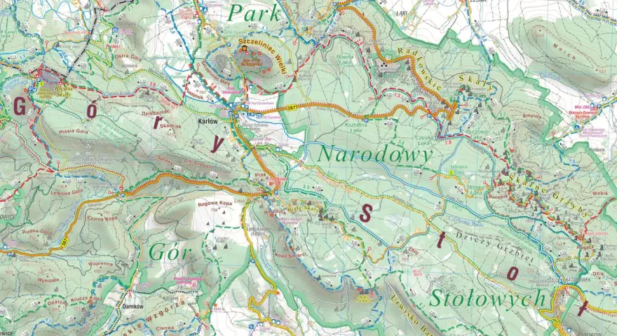 Mapa atrakcji Gór Stołowych: szlaki piesze, punkty widokowe, schroniska i zabytki.
