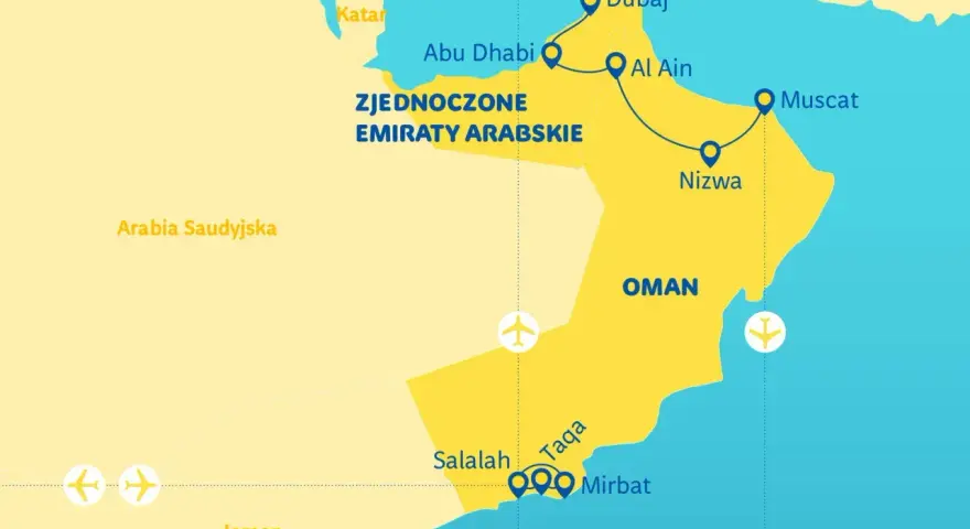 Mapa pokazuje, gdzie jest Oman, sąsiadujący ze Zjednoczonymi Emiratami Arabskimi, Arabią Saudyjską i Jemenem.