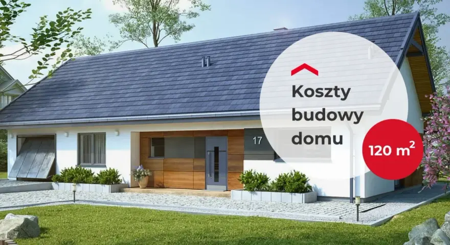 Nowoczesny dom 200m2 z garażem, drewnianą elewacją i dużym ogrodem. Na wizualizacji widnieje napis "Koszty budowy domu 120 m²".