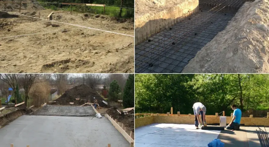 Budowa fundamentów na gruntach słabonośnych: wykop, zbrojenie, betonowanie i izolacja.