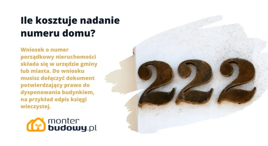 Ile kosztuje nadanie numeru domu? Wniosek o numer porządkowy nieruchomości składa się w urzędzie gminy lub miasta. Do wniosku musisz dołączyć dokument potwierdzający prawo do dysponowania budynkiem.
