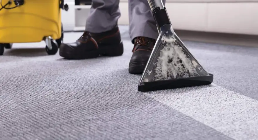 A person demonstrates how to clean a carpet using a professional carpet cleaner, leaving a fresh, clean path.