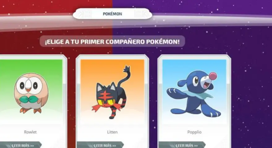 Elige a tu compañero Pokémon inicial: Rowlet, Litten o Popplio, en Pokémon Sol y Luna.